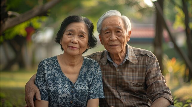 Asian elderly couple with warm love Sit and admire the nature view. in the park amidst nature