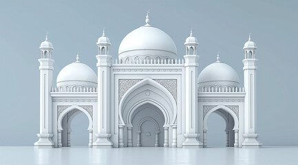 White islamic gate in the form of a mosque with a round dome. Mosque building on white background