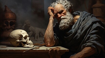 A stoic Greek bearded man bronze statue