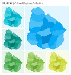 Uruguay map collection. Country shape with colored regions. Light Blue, Cyan, Teal, Green, Light Green, Lime color palettes. Border of Uruguay with provinces for your infographic. Vector illustration.