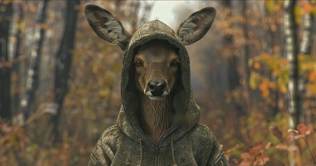 A deer wearing a hoodie, full body, Full length, photorealistic, hyperrealistic, looking at you, Forest background, Flow background