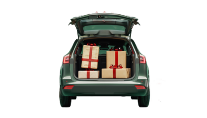 An ultra-modern car with an open trunk full of wrapped gifts. View from the back. Holiday time. Christmas decorations.