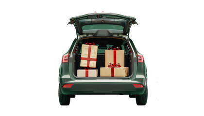 An ultra-modern car with an open trunk full of wrapped gifts. View from the back. Holiday time....