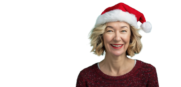 Portrait of a woman in santa hat. Smiling middle-aged blonde woman wearing a Santa Claus hat. Christmas decorations
