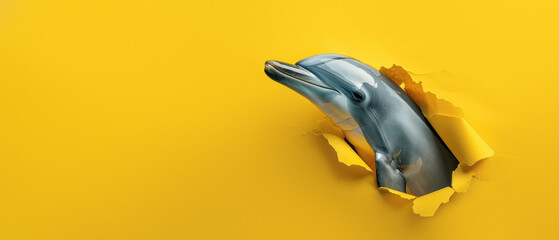 The head of a dolphin looks out from a torn yellow paper background, suggesting curiosity and exploration - obrazy, fototapety, plakaty