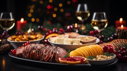A festive table buffet with an assortment of snacks: sausages and cheeses, fruits and berries, against the backdrop of bokeh garlands.
Concept: holiday menu and cooking, catering services. - obrazy, fototapety, plakaty