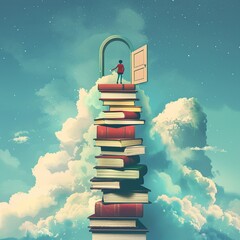 Minimalist design showing a character stepping up a stack of books towards a door in the sky, pathway to success.