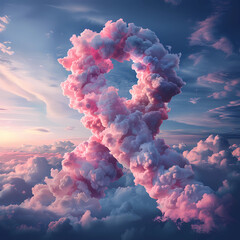 breast cancer awareness. pink cancer ribbon made of clouds, cancer survivor and awareness
