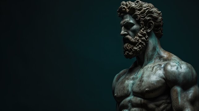 A stoic Greek bearded man bronze statue