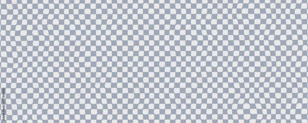 Poster Trippy checkerboard background. Retro psychedelic checkered wallpaper. Wavy groovy chessboard surface. Distorted geometric pattern. Abstract monochrome vector backdrop