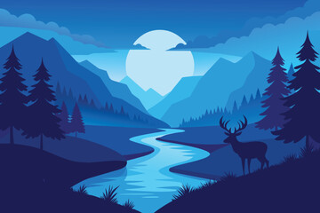 River among pine mountains at blue sunset. Wild deer silhouette. Water reflection. Peaceful landscape vector illustration
