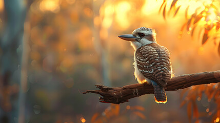 Majestic kookaburra perched on a branch, framed against a soft sunrise, with a dreamy blurred forest backdrop