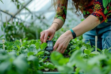 Gardener using a moisture meter among green plants in a greenhouse