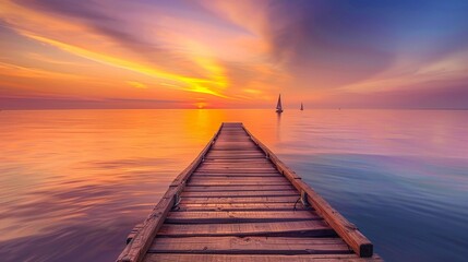 Naklejka premium A rustic wooden jetty extending into a calm sea, with a sailboat in the distance under a sky of streaked orange and purple hues.