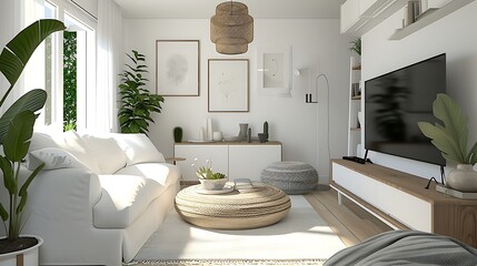 an image of a small white home decor living room with AI, maximizing space with clever design solutions attractive look - obrazy, fototapety, plakaty