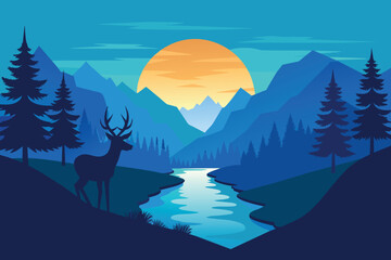 River among pine mountains at blue sunset. Wild deer silhouette. Water reflection. Peaceful landscape vector illustration - obrazy, fototapety, plakaty
