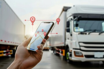 Close-up of a hand holding a smartphone with a GPS tracking app against trucks - obrazy, fototapety, plakaty