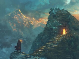 A figure holding a lantern of glowing wisdom, illuminating a path of books leading to a door atop a mountain, journey of enlightenment.