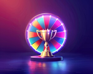A vibrant icon of a fortune wheel divided into segments of success and failure, spotlight on a golden trophy segment, chance and achievement. - obrazy, fototapety, plakaty