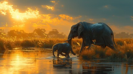Mother elephant with cubs at sunset