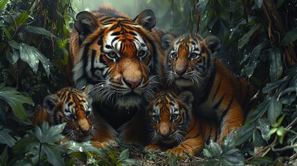 tiger cubs and mother in the wild nature habitat