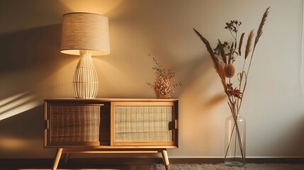 AI to generate an image of a modern living room, stylish paper table lamp, dried flowers in a vase, and strategically placed personal accessories in a minimalist composition attractive look