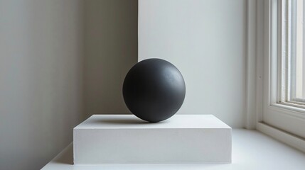 A sleek matte black sphere rests on a pristine white surface.
