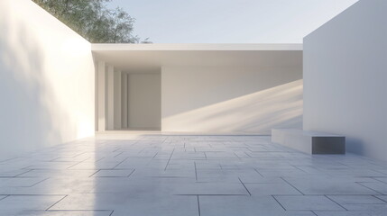 Sun rays create a geometric pattern of light and shadow on the courtyard floor of a minimalist building