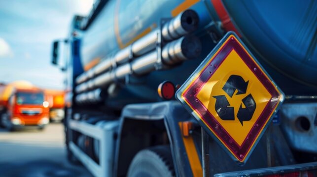 Recycle symbol on hazardous materials transportation tanker