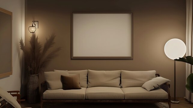 an image of a modern living room with a brown background, showcasing a mockup frame and an isolated sofa using AI attractive look