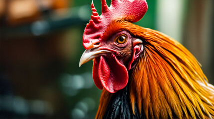 Close up of rooster with yellow and red feathers on its head. - obrazy, fototapety, plakaty
