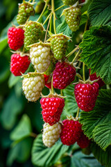 Group of red and white raspberries growing on tree.