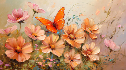 Spring flowers painted with oil paints on canvas in peach tones and bright orange butterfly Summertime Poster Wallart creative art wallpaper