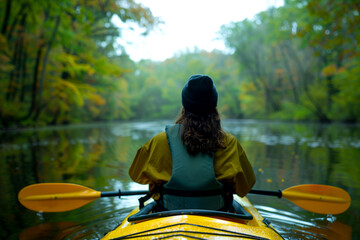 Woman enjoying kayak excursion on the river, peaceful outdoor activity