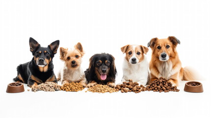 Five dogs of various sizes and breeds sit obediently in a row with bowls of kibble in front - obrazy, fototapety, plakaty