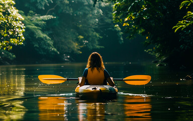 Woman enjoying relaxing kayak ride on the river, peaceful outdoor activity