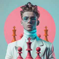 Fashionable young man in white jacket and sunglasses posing with chess pieces on colorful background
