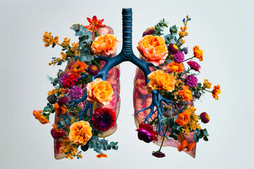 Piece of art depictsing colorful detailed lung inside flower-filled body.
