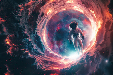 The astronaut is captured in front of a mesmerizing swirl of a galaxy vortex, conveying a sense of discovery and awe