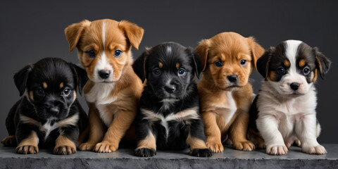 Adorable puppies of different sizes sit side by side for picture.