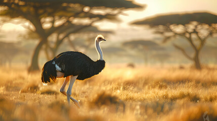 Majestic ostrich struts gracefully amidst savannah, with blurred acacia trees in background