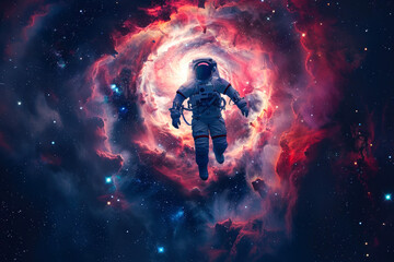 Captivating image of an astronaut adrift near a vibrant, red and blue star-forming nebula region in outer space - obrazy, fototapety, plakaty