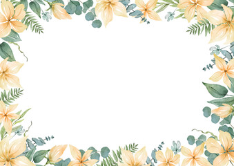 Frame with watercolor yellow flowers and greenery. Design elements for greeting card and wedding invitation making.
