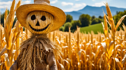Scarecrow with pumpkin for face and straw hat on top.