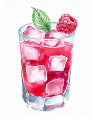 Detailed watercolor art of glass of pink drink with raspberries. Isolated on white