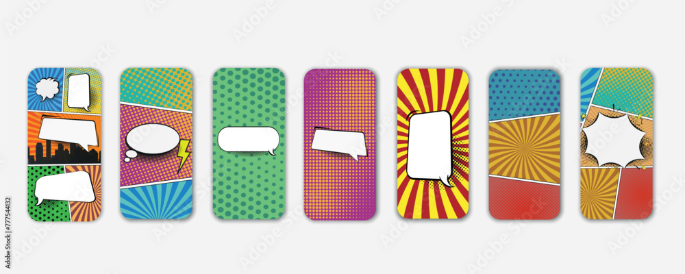 Poster Set of abstract halftone colorful backgrounds. Realistic, high quality smart phone background mockup for ui ux presentation.