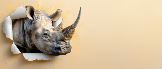 Imagination comes to life as a rhino head breaks through the wall, rendered in a realistic 3D art style on a beige background, symbolizing power