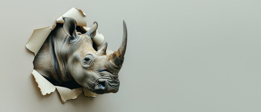 This visually stunning artwork features a 3D rhino seeming to burst through a cracked grey wall, symbolizing persistence