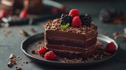 A decadent chocolate truffle cake, with layers of rich chocolate sponge cake, velvety ganache, and smooth chocolate mousse, - obrazy, fototapety, plakaty