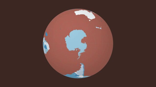 Spinning globe. South pole sphere view. Fast speed planet rotation. Colored countries style. World map with sparse graticule lines on Dark background. Authentic animation.